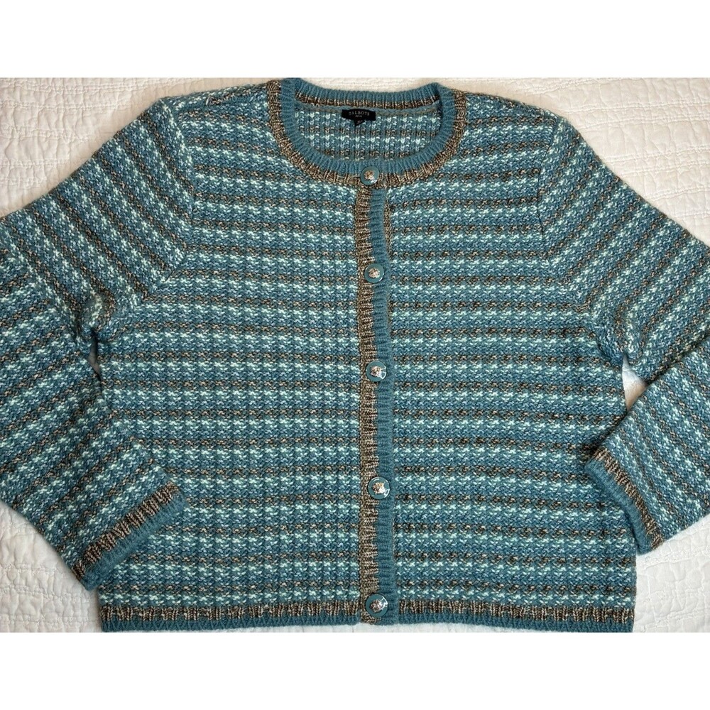 Talbots crewneck cardigan womens XLP teal tweed button front classic grandmacore